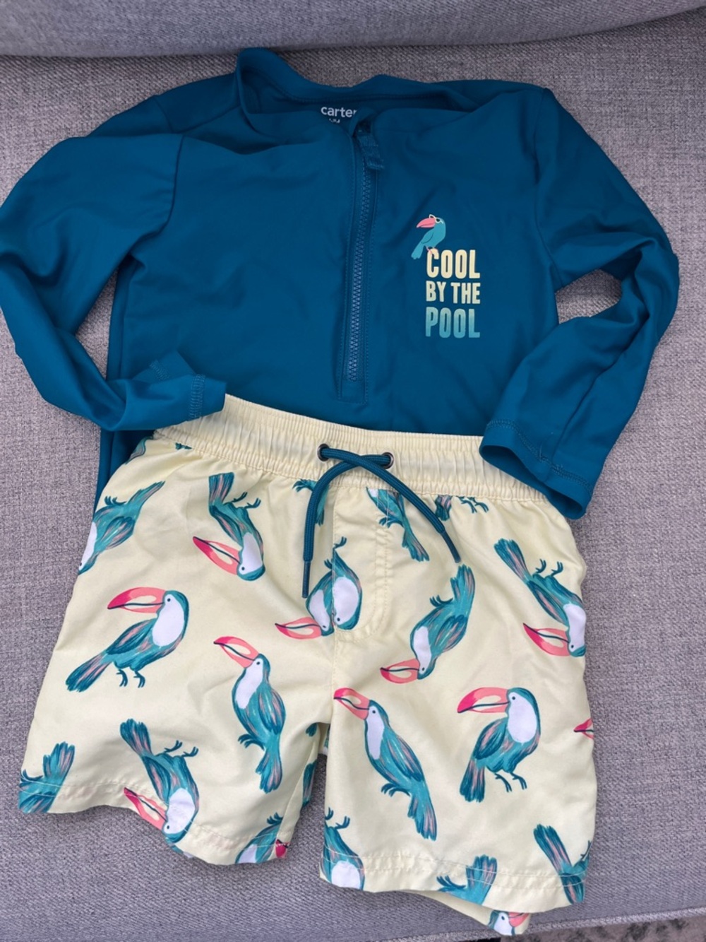 Carter's Teal Rash Guard with Yellow Toucan Swim Trunks